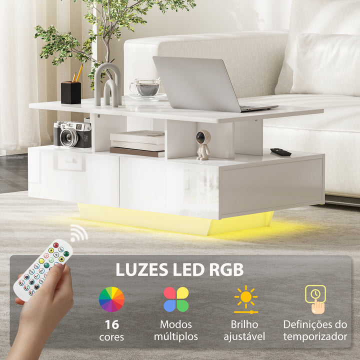 Mesa de Centro Moderna com LED Mesa de Centro com 4 Gavetas Prateleira Aberta e Luzes LED de 16 Cores para Sala de Estar 90x55x41 cm Branco Brilhante