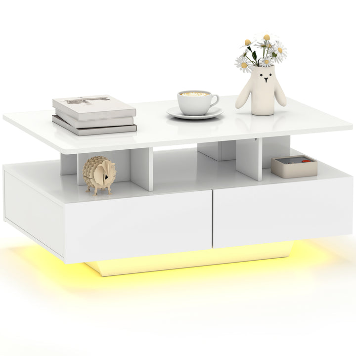 Mesa de Centro Moderna com LED Mesa de Centro com 4 Gavetas Prateleira Aberta e Luzes LED de 16 Cores para Sala de Estar 90x55x41 cm Branco Brilhante