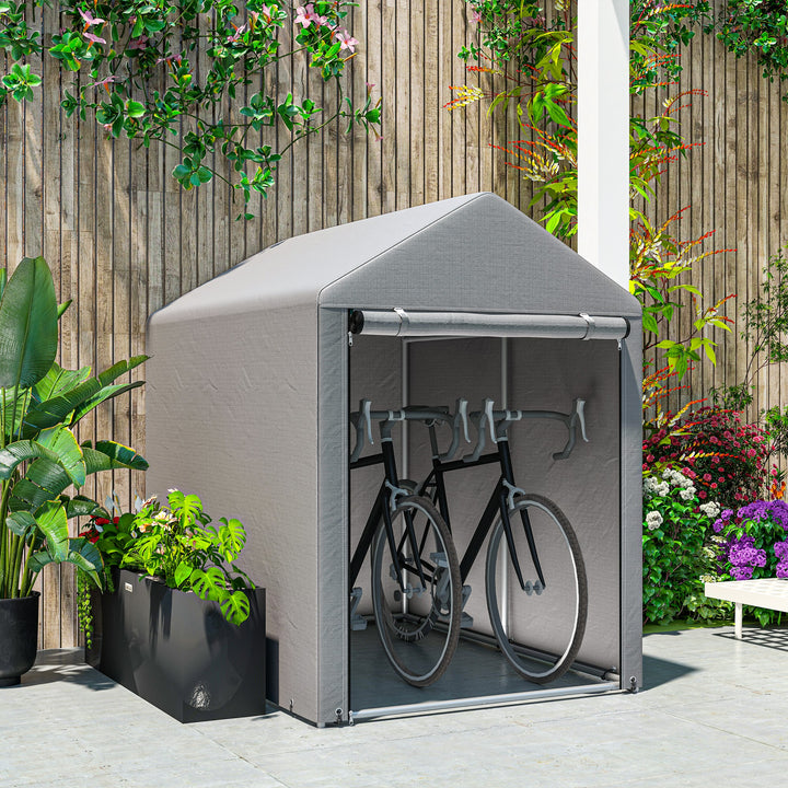 Abrigo para Ferramentas Bicicletas e Motos 1,2x1,8x1,65 m Garagem Portátil com 2 Habitações Porta com Fecho de Correr Impermeável Anti-UV para Jardim Cinza Claro