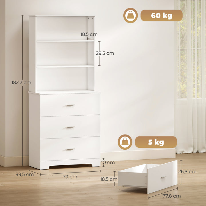 Estante para Livros de 6 Níveis Estante com 3 Gavetas 3 Prateleiras Abertas Armário Alto para Sala de Estar Estúdio Escritório 79x39,5x182,2 cm Branco