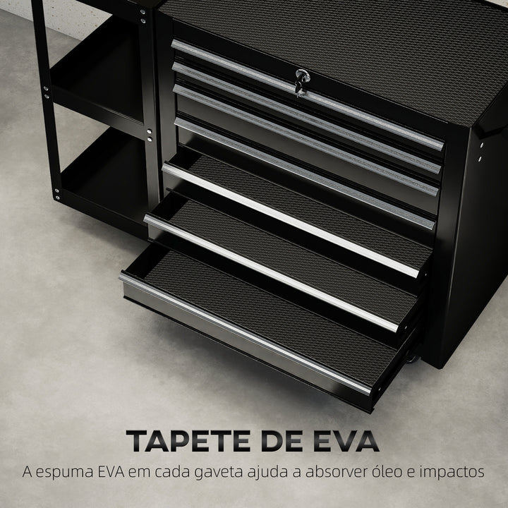 Carrinho de Ferramentas com 7 Gavetas Carrinho de Oficina com Estante de 3 Níveis Removível Sistema de Fecho Central Asa 2 Rodas com Travão de Bloqueio Preto