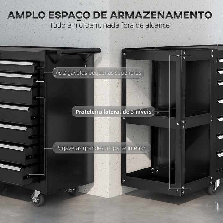 Carrinho de Ferramentas com 7 Gavetas Carrinho de Oficina com Estante de 3 Níveis Removível Sistema de Fecho Central Asa 2 Rodas com Travão de Bloqueio Preto