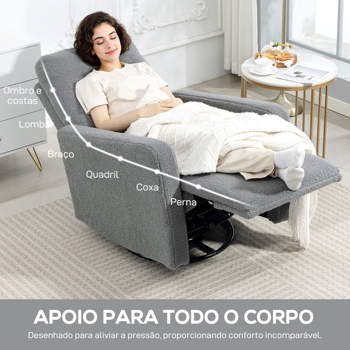 Poltrona Relax Reclinável Manual Poltrona Relax de Borreguito com Apoio de Braços Apoio para Pés, Acolchoado Grosso Função de Baloiço 360° Poltrona Reclinável até 135º 76x94x100 cm Cinza