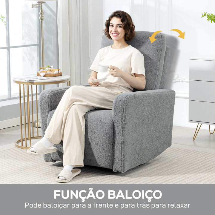 Poltrona Relax Reclinável Manual Poltrona Relax de Borreguito com Apoio de Braços Apoio para Pés, Acolchoado Grosso Função de Baloiço 360° Poltrona Reclinável até 135º 76x94x100 cm Cinza