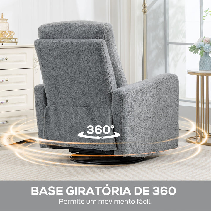 Poltrona Relax Reclinável Manual Poltrona Relax de Borreguito com Apoio de Braços Apoio para Pés, Acolchoado Grosso Função de Baloiço 360° Poltrona Reclinável até 135º 76x94x100 cm Cinza