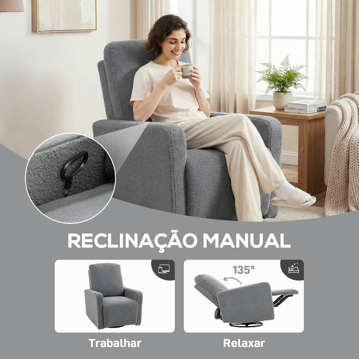 Poltrona Relax Reclinável Manual Poltrona Relax de Borreguito com Apoio de Braços Apoio para Pés, Acolchoado Grosso Função de Baloiço 360° Poltrona Reclinável até 135º 76x94x100 cm Cinza
