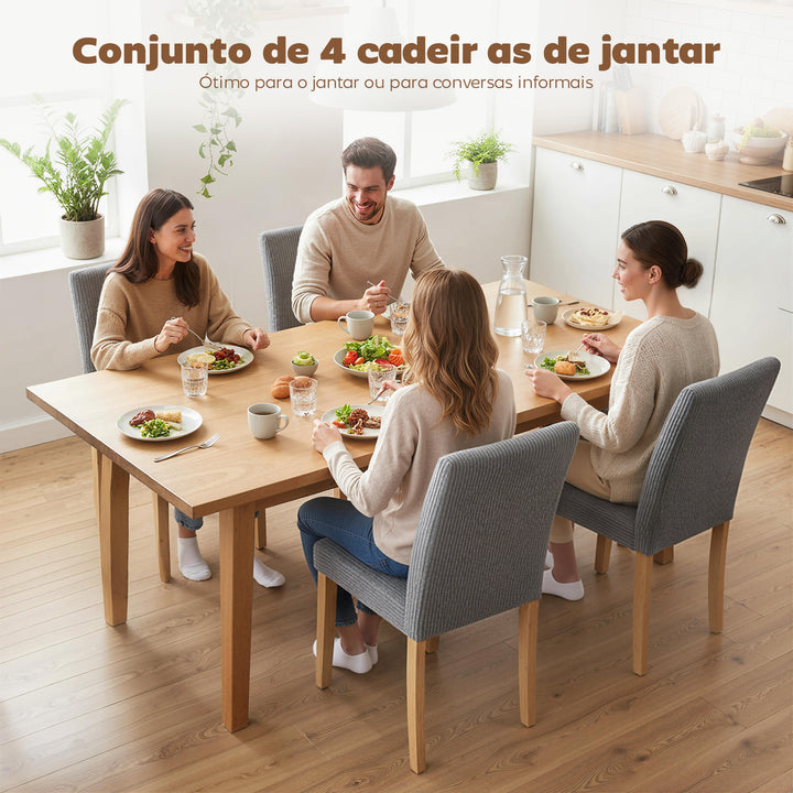 Conjunto de 4 Cadeiras de Jantar Modernas Encosto Alto Estofadas em Tecido Canelado Tipo Veludo Assento Acolchoado Pernas de Madeira 44x56x90 cm Cinzento
