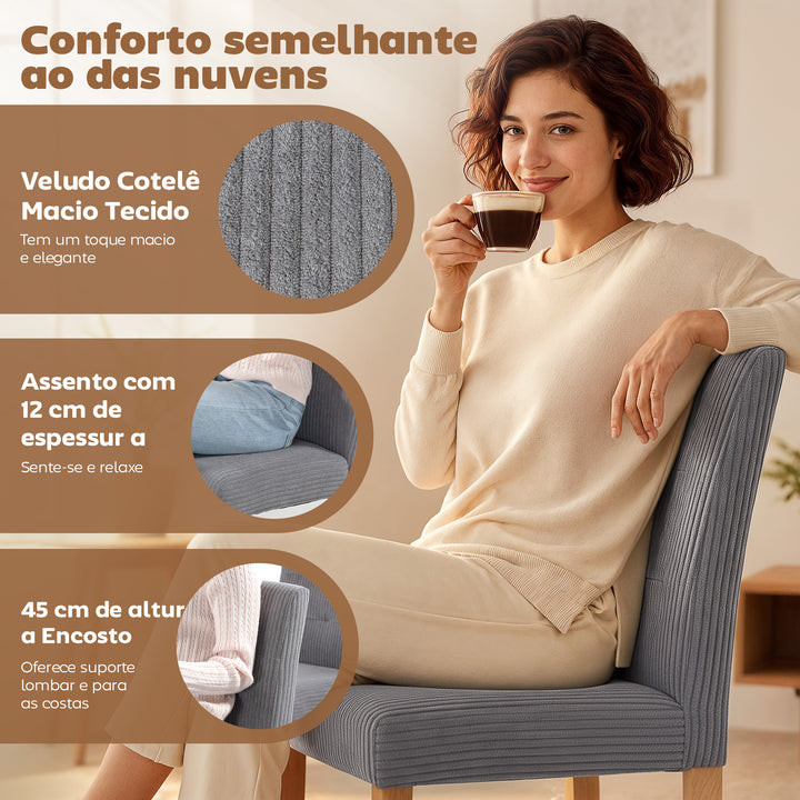 Conjunto de 4 Cadeiras de Jantar Modernas Encosto Alto Estofadas em Tecido Canelado Tipo Veludo Assento Acolchoado Pernas de Madeira 44x56x90 cm Cinzento