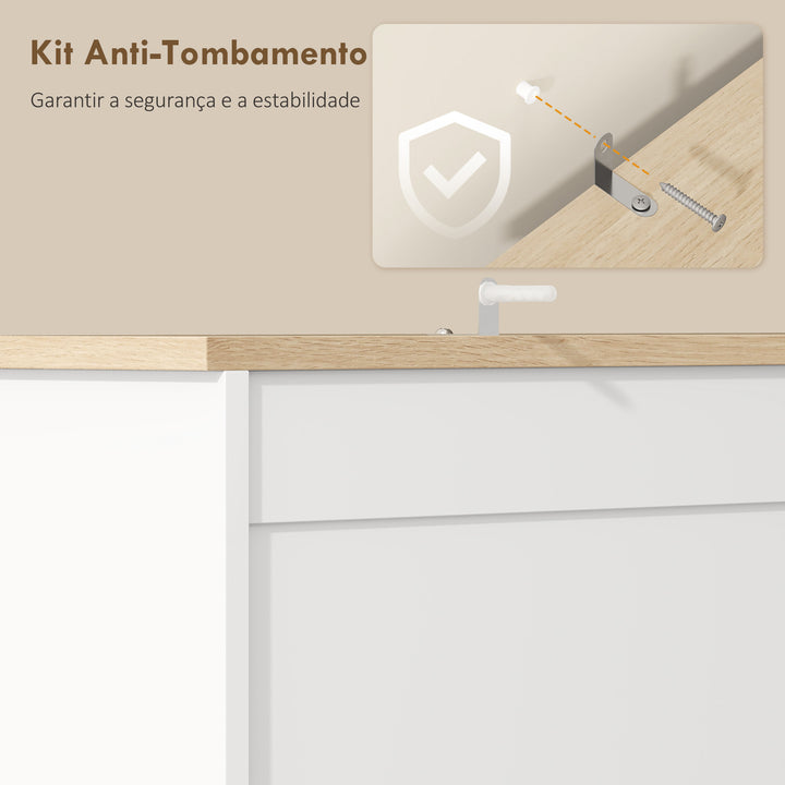 Armário de Cozinha Móvel Auxiliar de Cozinha com 3 Portas 2 Gavetas 3 Prateleiras na Porta 8 Ganchos Bancada Ampla para Micro-Ondas Prateleiras Ajustáveis Orifícios para Cabos Branco