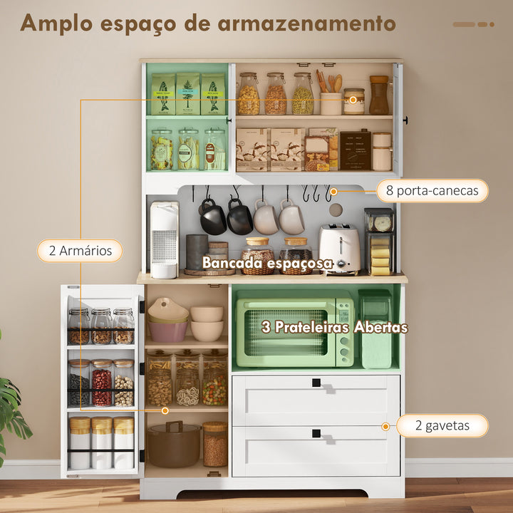Armário de Cozinha Móvel Auxiliar de Cozinha com 3 Portas 2 Gavetas 3 Prateleiras na Porta 8 Ganchos Bancada Ampla para Micro-Ondas Prateleiras Ajustáveis Orifícios para Cabos Branco