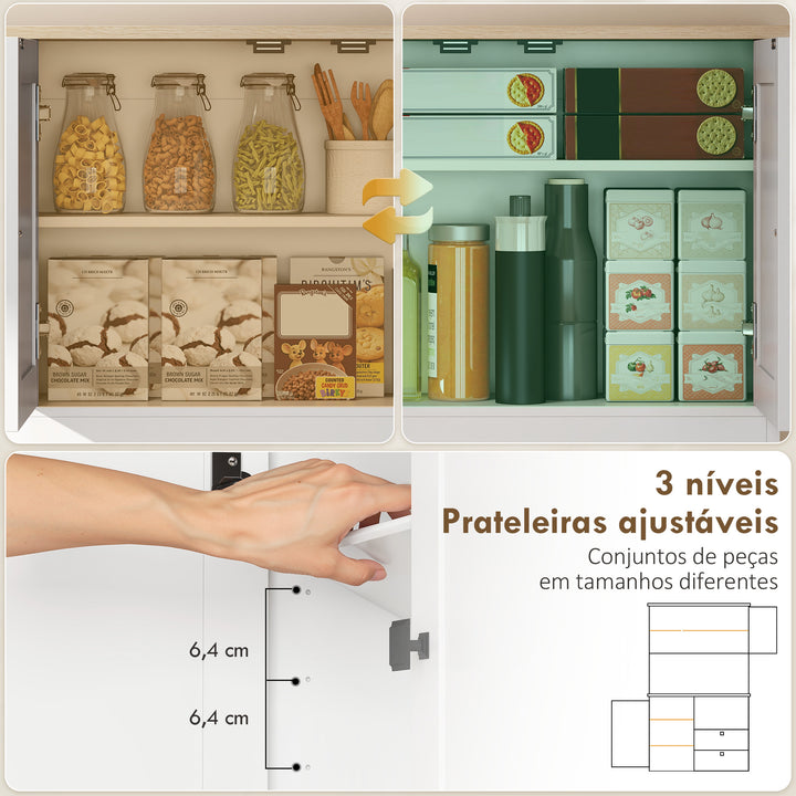 Armário de Cozinha Móvel Auxiliar de Cozinha com 3 Portas 2 Gavetas 3 Prateleiras na Porta 8 Ganchos Bancada Ampla para Micro-Ondas Prateleiras Ajustáveis Orifícios para Cabos Branco