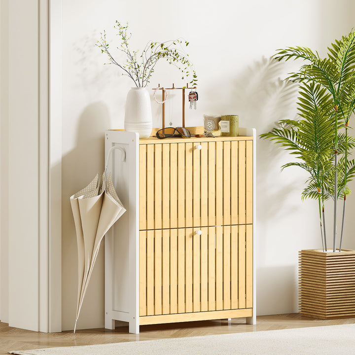 Sapateira Estreita com 2 Portas de Bambu em Ripas Móvel Sapateira com Prateleiras Ajustáveis para 12 Pares de Sapatos 60x24x82,5 cm Branco e Madeira