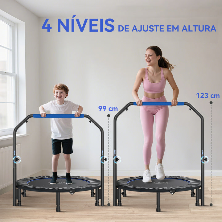 Trampolim Fitness Ø114 Trampolim Dobrável com Pega Ajustável em 4 Níveis Estrutura de Aço para Treino de Pernas Corpo em Casa Escritório Ginásio Azul