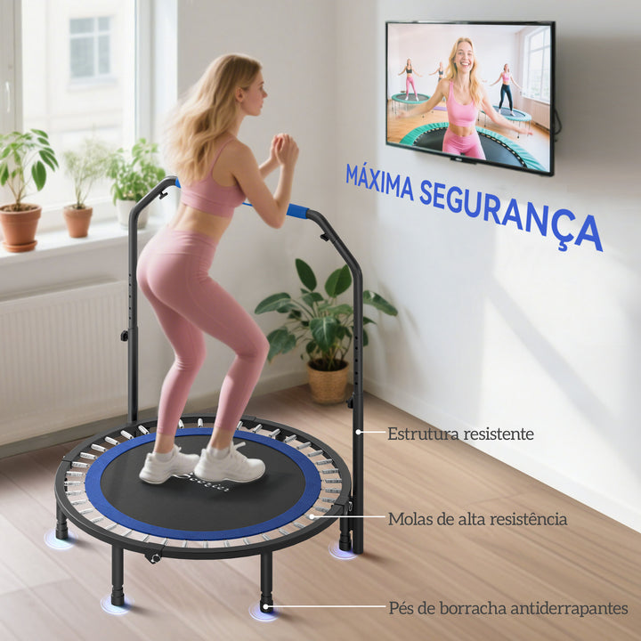 Trampolim Fitness Ø114 Trampolim Dobrável com Pega Ajustável em 4 Níveis Estrutura de Aço para Treino de Pernas Corpo em Casa Escritório Ginásio Azul
