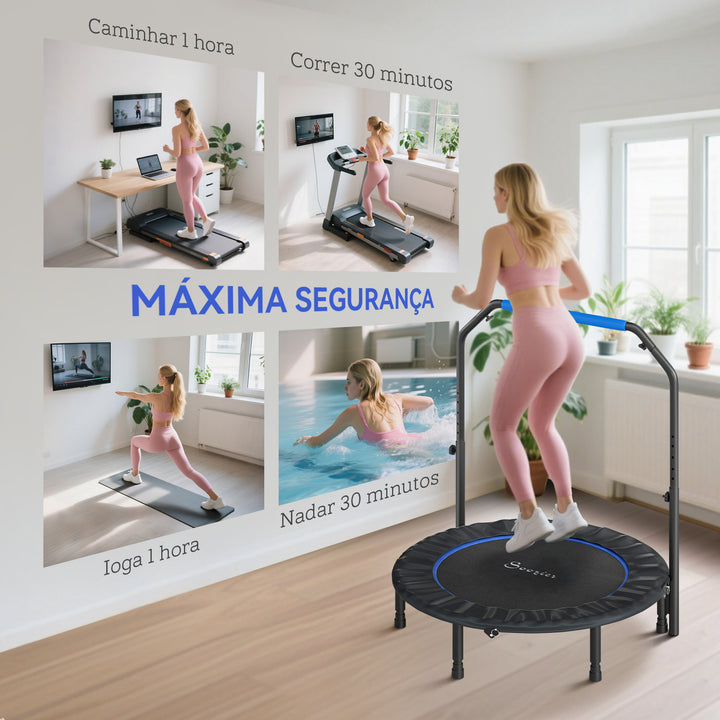 Trampolim Fitness Ø114 Trampolim Dobrável com Pega Ajustável em 4 Níveis Estrutura de Aço para Treino de Pernas Corpo em Casa Escritório Ginásio Azul
