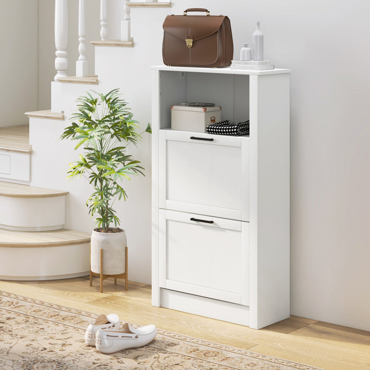 Sapateira Estreita com 2 Portas Sapateira para Entrada com Prateleiras Ajustáveis e Compartimento Aberto para 10 Pares de Sapatos 58x24x105 cm Branco
