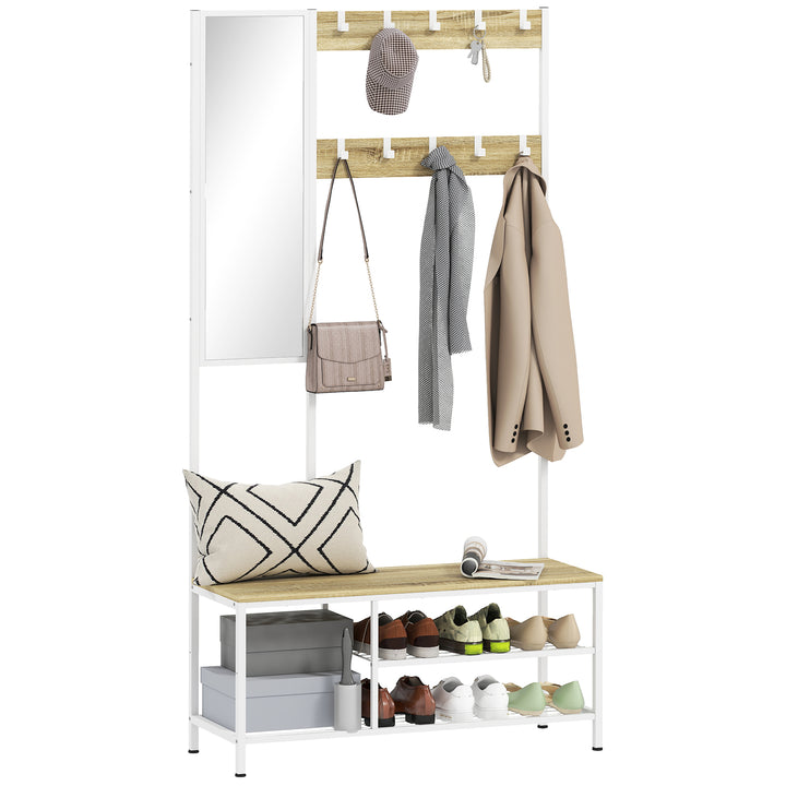 Móvel Cabide de Entrada com Espelho e Sapateira 4 em 1 com 3 Prateleiras Banco 10 Ganchos Ajustáveis Estilo Moderno para Corredor Quarto Sala de Estar 98x34x186 cm Madeira