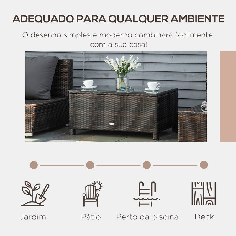 Mesa de Centro Jardim de Vime Sintético Mesa de Apoio para Exterior com Vidro Temperado para Varanda Pátio 85x50x39 cm Marrom