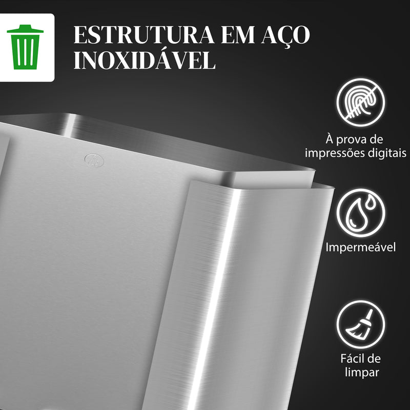 Balde de Lixo de Cozinha com 2 Compartimentos 2x15L Cubo de Lixo de Aço Inoxidável com Pedal Tampa de Fechamento Suave e Cubo Amovível para Escritório Cozinha Prata