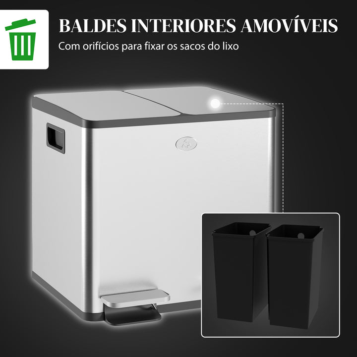 Balde de Lixo de Cozinha com 2 Compartimentos 2x15L Cubo de Lixo de Aço Inoxidável com Pedal Tampa de Fechamento Suave e Cubo Amovível para Escritório Cozinha Prata