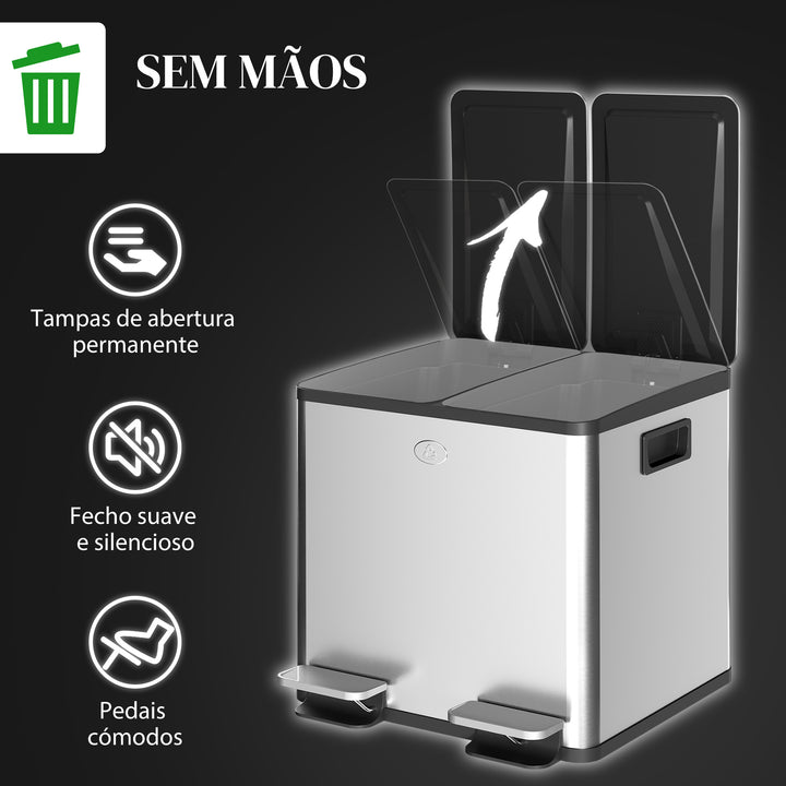 Balde de Lixo de Cozinha com 2 Compartimentos 2x15L Cubo de Lixo de Aço Inoxidável com Pedal Tampa de Fechamento Suave e Cubo Amovível para Escritório Cozinha Prata