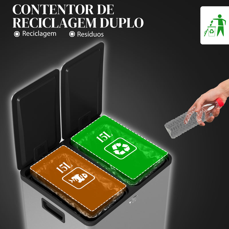 Balde de Lixo de Cozinha com 2 Compartimentos 2x15L Cubo de Lixo de Aço Inoxidável com Pedal Tampa de Fechamento Suave e Cubo Amovível para Escritório Cozinha Prata