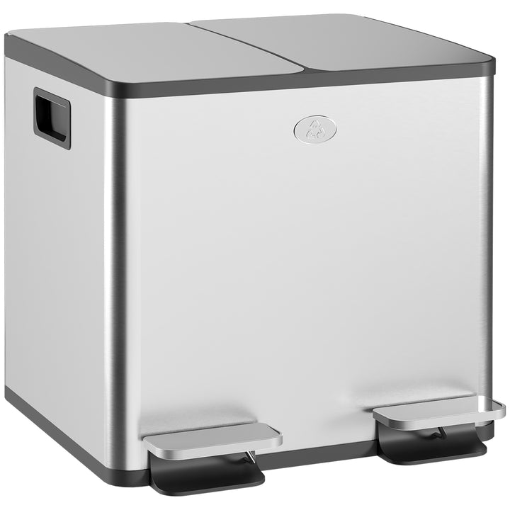 Balde de Lixo de Cozinha com 2 Compartimentos 2x15L Cubo de Lixo de Aço Inoxidável com Pedal Tampa de Fechamento Suave e Cubo Amovível para Escritório Cozinha Prata