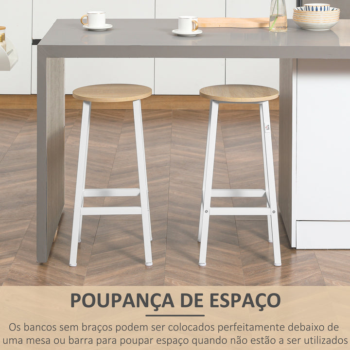 Conjunto de 2 Bancos Altos de Cozinha Bancos de Bar com Pés de Aço e Apoio para os Pés para Sala de Estar Sala de Jantar Carga 75kg 32,5x32,5x65cm Madeira e Branco