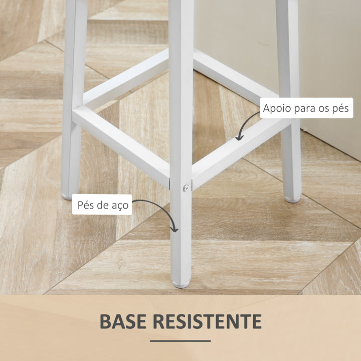 Conjunto de 2 Bancos Altos de Cozinha Bancos de Bar com Pés de Aço e Apoio para os Pés para Sala de Estar Sala de Jantar Carga 75kg 32,5x32,5x65cm Madeira e Branco