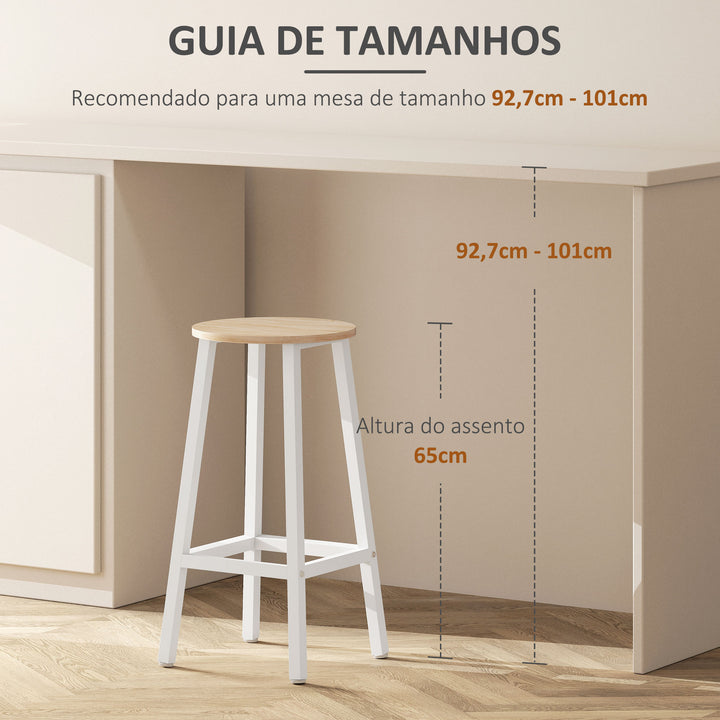 Conjunto de 2 Bancos Altos de Cozinha Bancos de Bar com Pés de Aço e Apoio para os Pés para Sala de Estar Sala de Jantar Carga 75kg 32,5x32,5x65cm Madeira e Branco