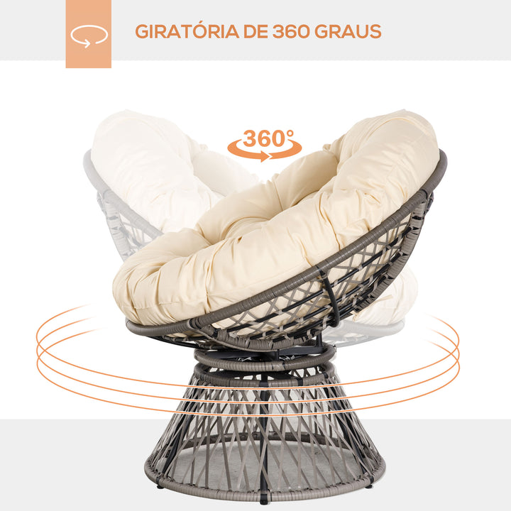 Poltrona Papasan Giratória de Vime Sintético Poltrona de Vime PE com Almofada e Estrutura de Aço Carga 160 kg para Jardim Terraço Pátio 87x97x90 cm Cinza e Creme