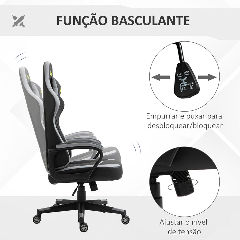 Cadeira Gaming Cadeira de Escritório Ergonómica com Altura Regulável Basculante com Apoio de Cabeça e Almofada Lombar 61x70x121-129 cm Preto