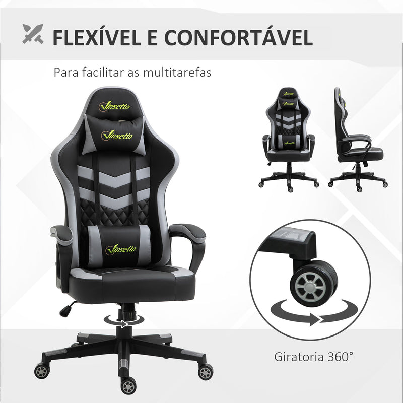 Cadeira Gaming Cadeira de Escritório Ergonómica com Altura Regulável Basculante com Apoio de Cabeça e Almofada Lombar 61x70x121-129 cm Preto