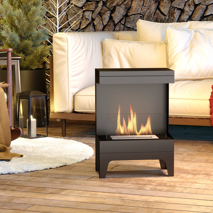 Lareira de Bioetanol Lareira de Bioetanol de Pé com Depósito de 0,9L Apagador de Chamas de Aço Inoxidável Tempo de Combustão 3,3H para Interiores 15-20 m² 38x22x54 cm Preto