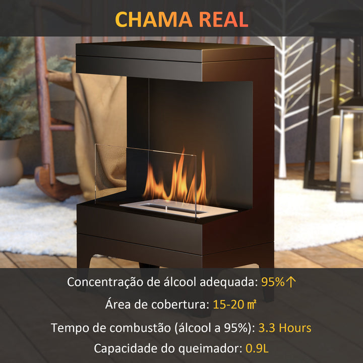 Lareira de Bioetanol Lareira de Bioetanol de Pé com Depósito de 0,9L Apagador de Chamas de Aço Inoxidável Tempo de Combustão 3,3H para Interiores 15-20 m² 38x22x54 cm Preto
