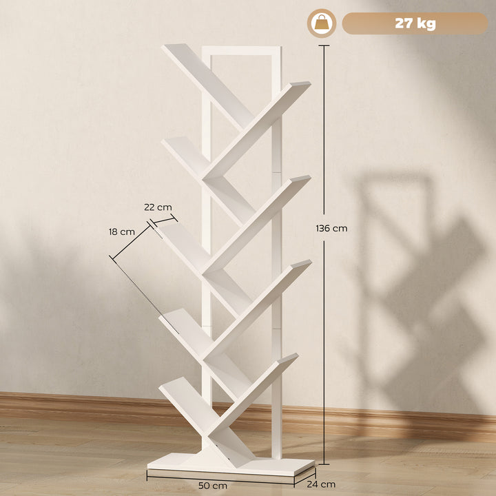 Estante em Forma de Árvore de 9 Níveis Estante de Livros com 9 Prateleiras e Estrutura de Aço para Sala de Estar Escritório Estúdio Quarto 50x24x136 cm Branco