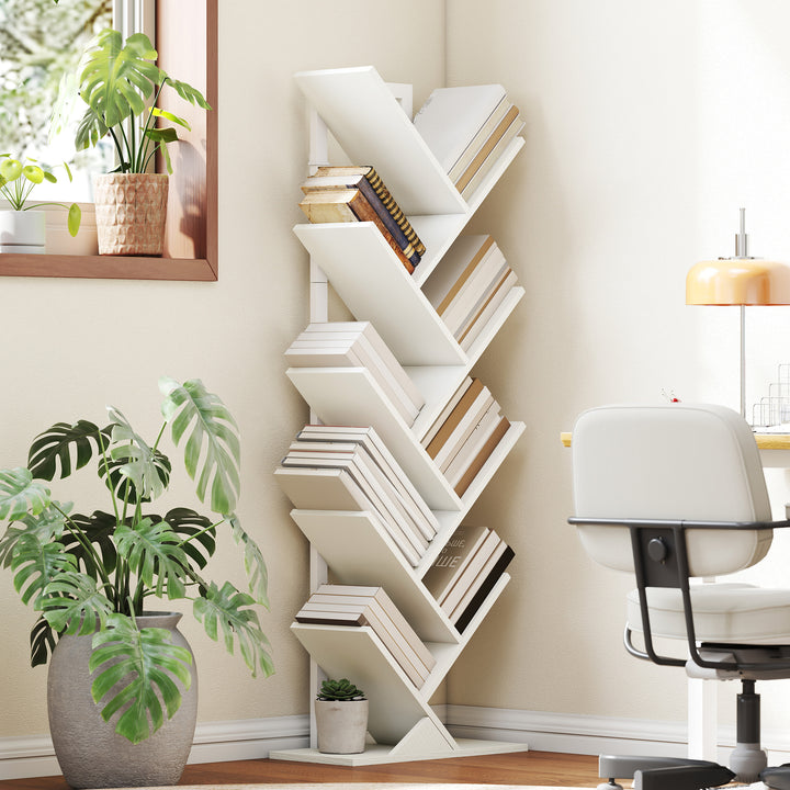 Estante em Forma de Árvore de 9 Níveis Estante de Livros com 9 Prateleiras e Estrutura de Aço para Sala de Estar Escritório Estúdio Quarto 50x24x136 cm Branco