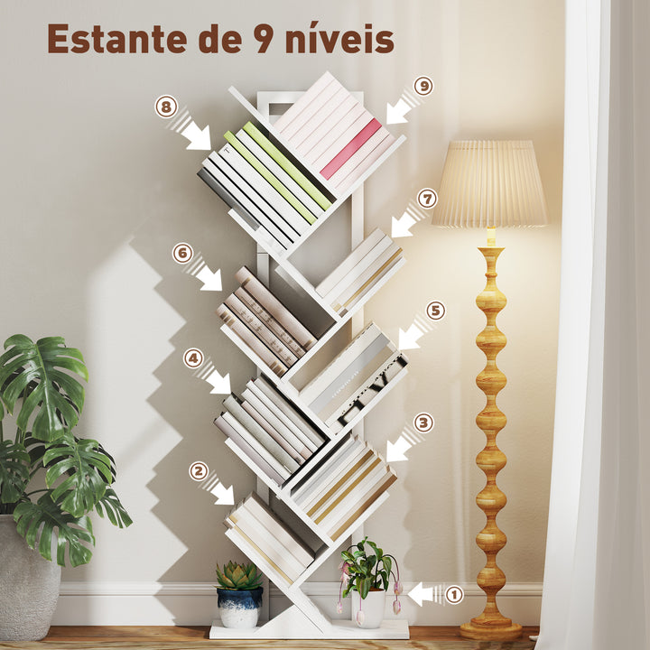 Estante em Forma de Árvore de 9 Níveis Estante de Livros com 9 Prateleiras e Estrutura de Aço para Sala de Estar Escritório Estúdio Quarto 50x24x136 cm Branco