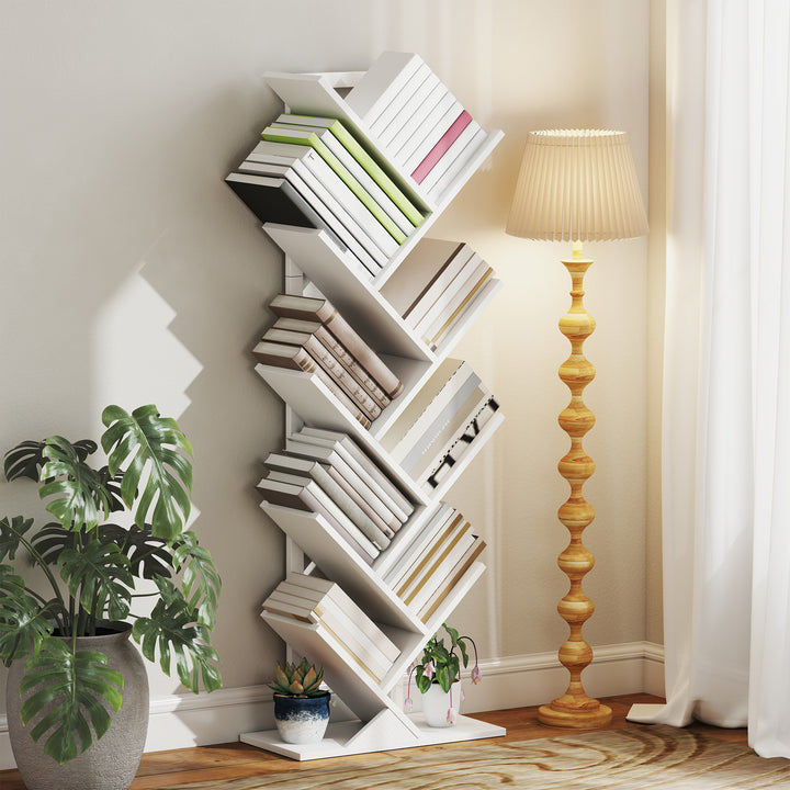 Estante em Forma de Árvore de 9 Níveis Estante de Livros com 9 Prateleiras e Estrutura de Aço para Sala de Estar Escritório Estúdio Quarto 50x24x136 cm Branco