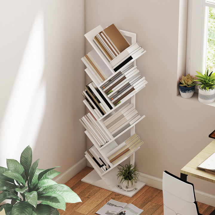 Estante em Forma de Árvore de 9 Níveis Estante de Livros com 9 Prateleiras e Estrutura de Aço para Sala de Estar Escritório Estúdio Quarto 50x24x136 cm Branco