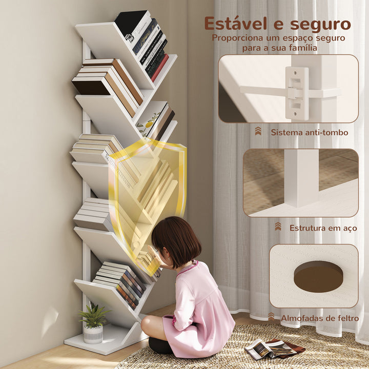 Estante em Forma de Árvore de 9 Níveis Estante de Livros com 9 Prateleiras e Estrutura de Aço para Sala de Estar Escritório Estúdio Quarto 50x24x136 cm Branco