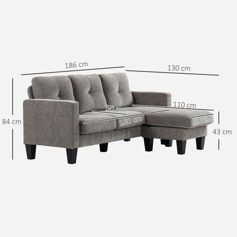 Sofá Chaise Longue Sofá em Forma de L Estofado em Poliéster Sofá de Canto Reversível com 3 Almofadas e Pés de Madeira para Sala de Estar Carga Máxima 180 kg 186x130x84 cm Marrom Degradado