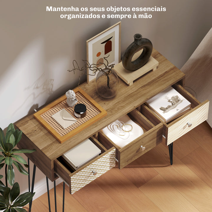 Mesa Consola com 3 Gavetas Consola Estreita para Entrada com Pés de Aço Tipo Garfo para Sala de Estar Corredor Entrada 90x30x75 cm Madeira