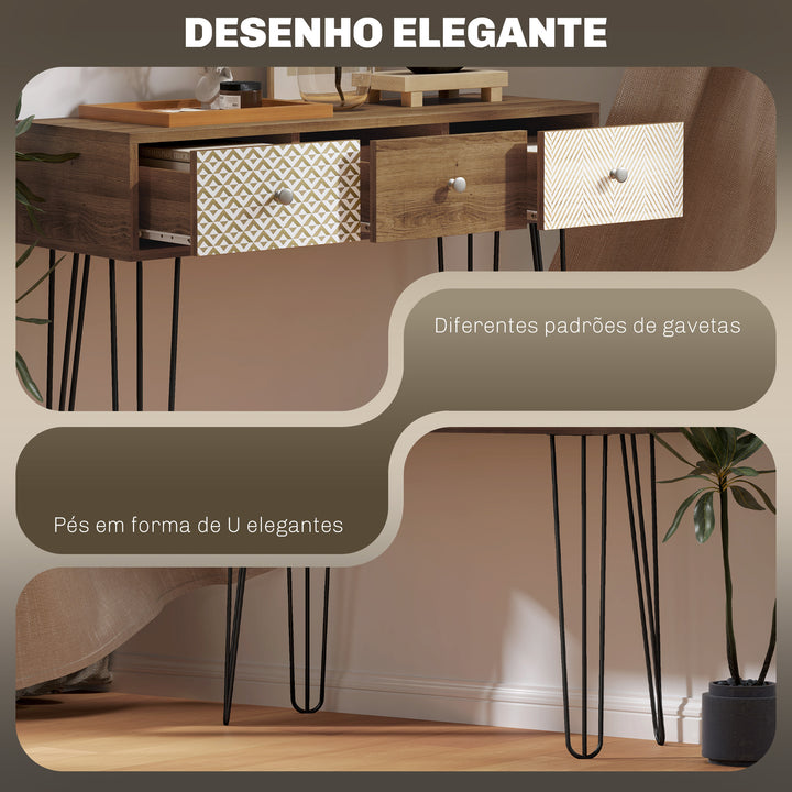 Mesa Consola com 3 Gavetas Consola Estreita para Entrada com Pés de Aço Tipo Garfo para Sala de Estar Corredor Entrada 90x30x75 cm Madeira