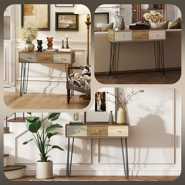 Mesa Consola com 3 Gavetas Consola Estreita para Entrada com Pés de Aço Tipo Garfo para Sala de Estar Corredor Entrada 90x30x75 cm Madeira