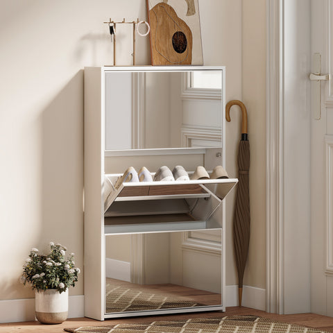 Sapateira Estreita 3 Portas com Espelho Sapateira para Entrada Corredor Para 9 Pares de Sapatos Para Corredor Espaços Reduzidos 65x17x114,5 cm Branco