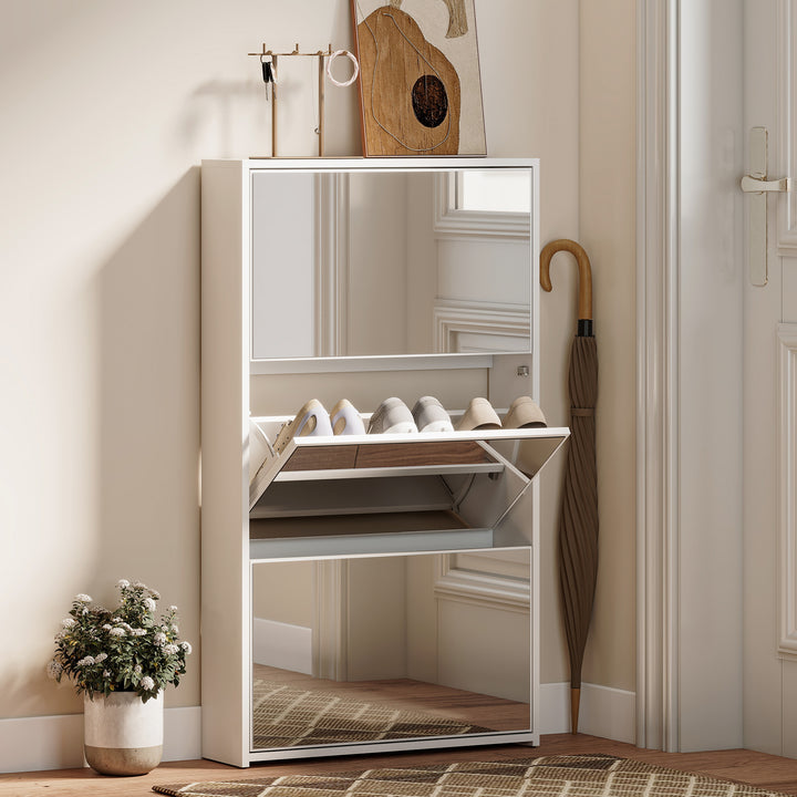 Sapateira Estreita 3 Portas com Espelho Sapateira para Entrada Corredor Para 9 Pares de Sapatos Para Corredor Espaços Reduzidos 65x17x114,5 cm Branco