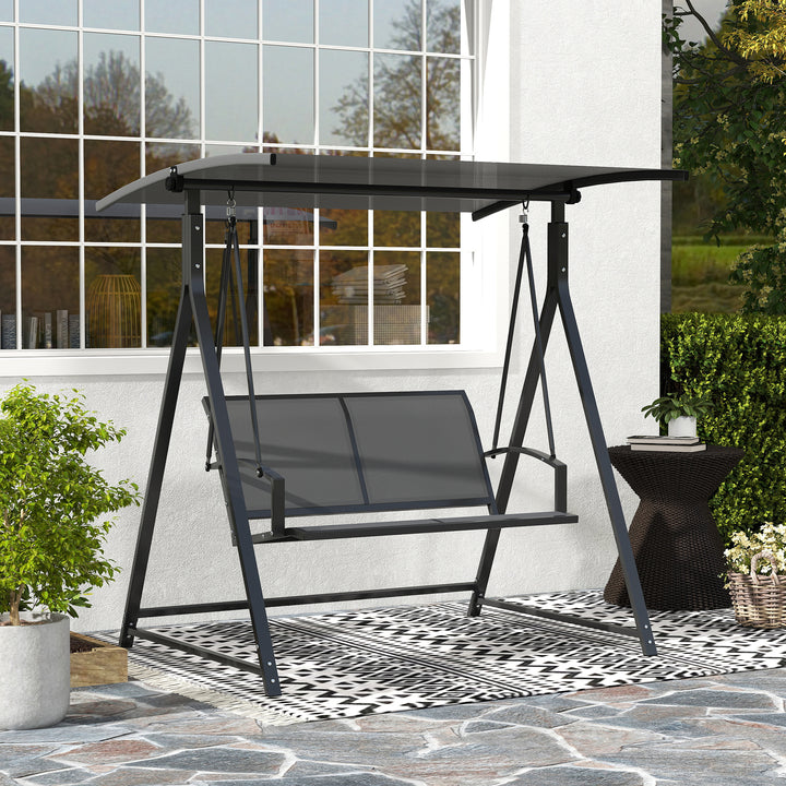 Baloiço de Jardim de 2 Lugares Baloiço de Exterior com Toldo Ajustável 90° Proteção UV 30+ e Estrutura Triangular de Metal Carga 220 kg 160x112x162 cm Cinzento Escuro