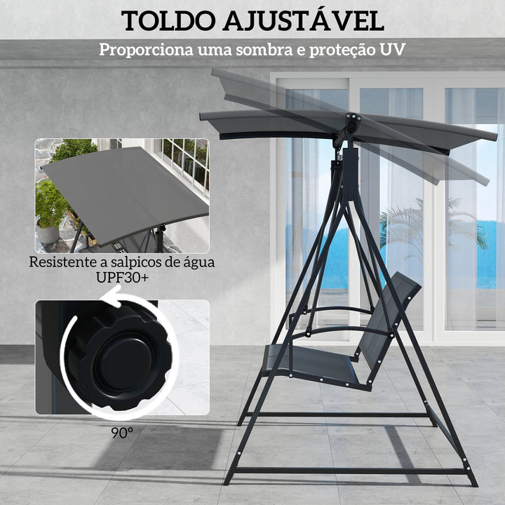 Baloiço de Jardim de 2 Lugares Baloiço de Exterior com Toldo Ajustável 90° Proteção UV 30+ e Estrutura Triangular de Metal Carga 220 kg 160x112x162 cm Cinzento Escuro