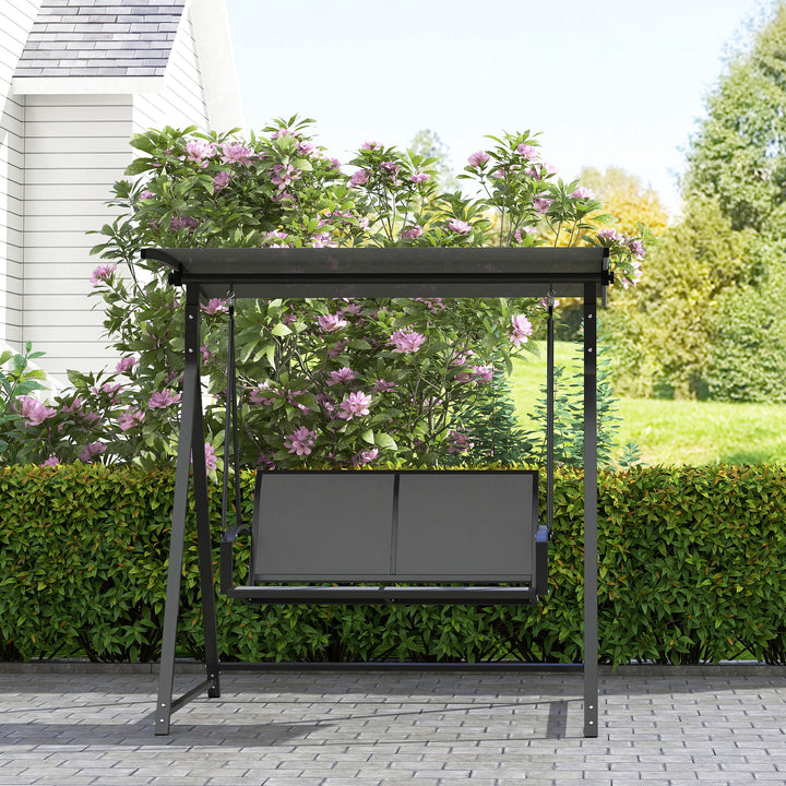 Baloiço de Jardim de 2 Lugares Baloiço de Exterior com Toldo Ajustável 90° Proteção UV 30+ e Estrutura Triangular de Metal Carga 220 kg 160x112x162 cm Cinzento Escuro